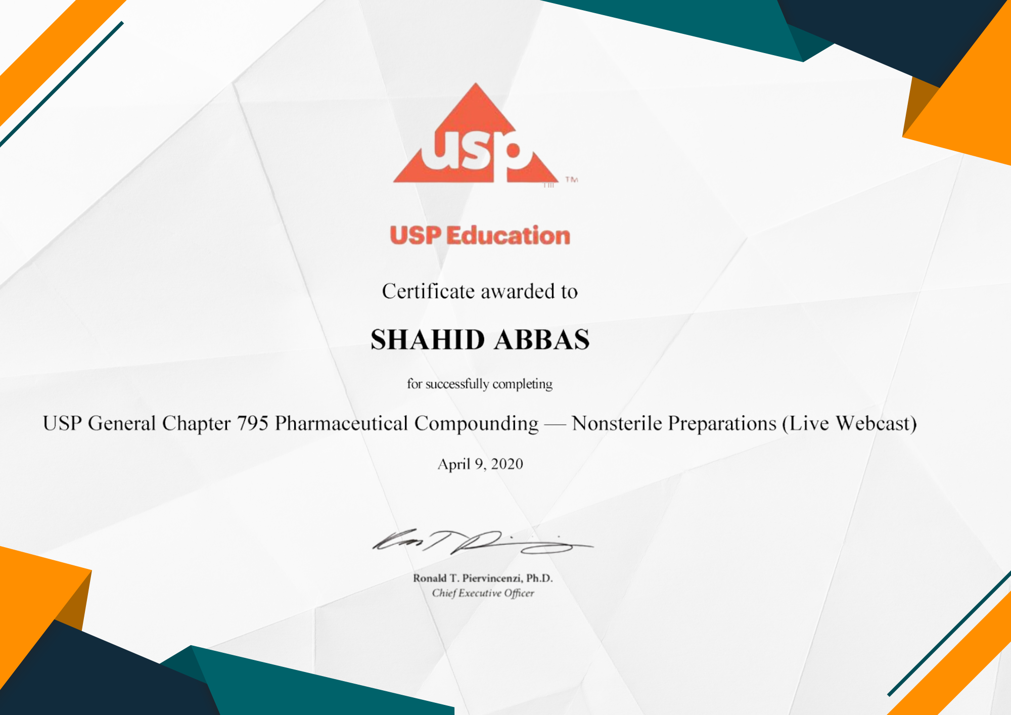  USP Education Certificate 